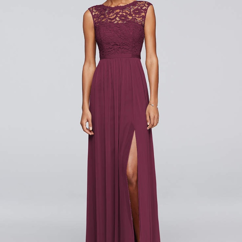 David’s bridal Merlot long lace bridesmaid dress